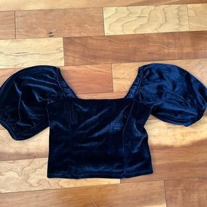 A&F Navy Velvet Corset Puff Sleeve Crop Top